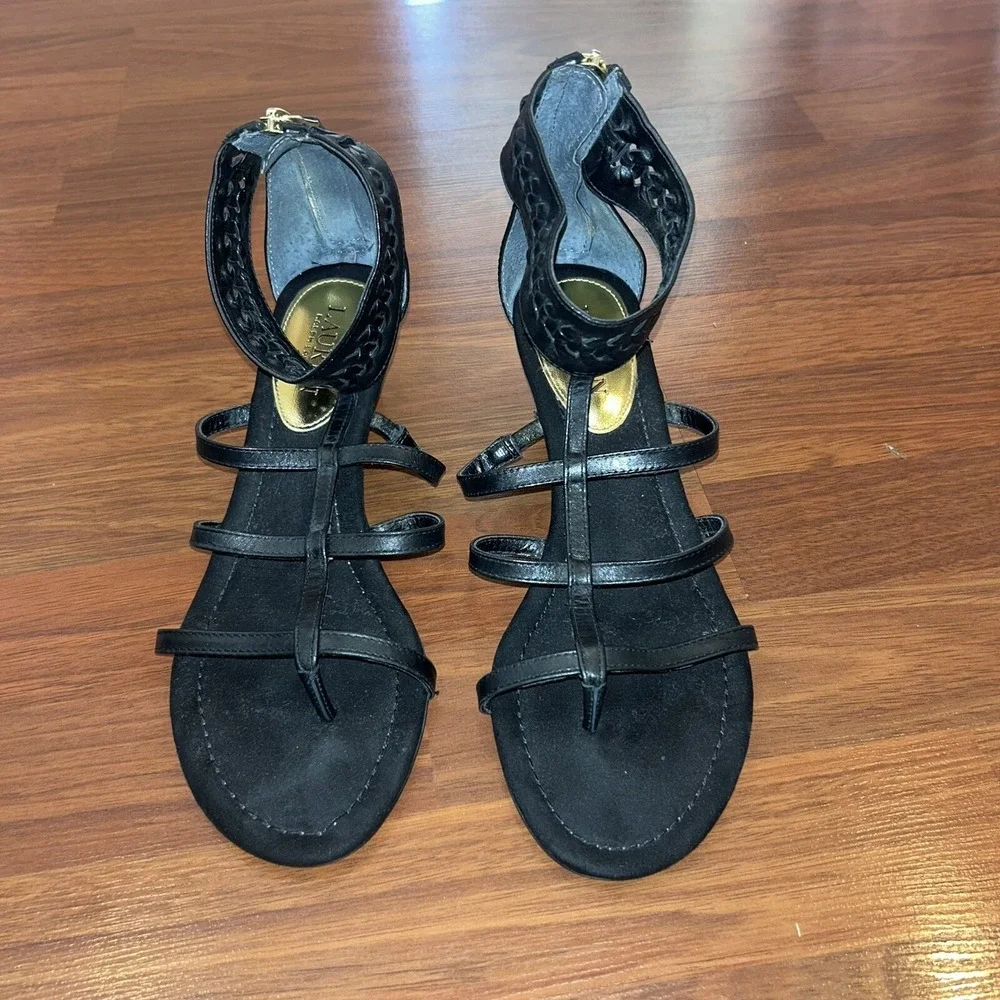 Lauren Ralph Lauren Meira Black Leather Strappy Wedge Sandals Braided Ankle 8.5B